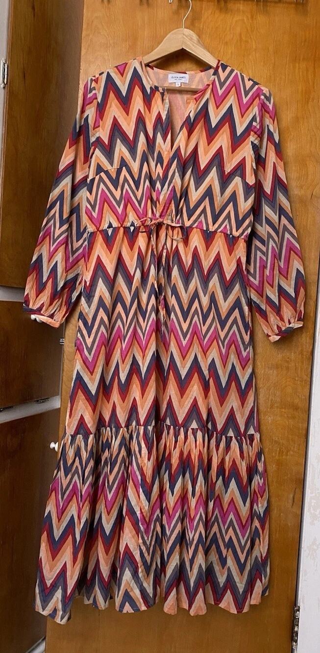 Olivia James The Label Rosie Maxi Tiered Dress Chevron Cotton Colorful Size L